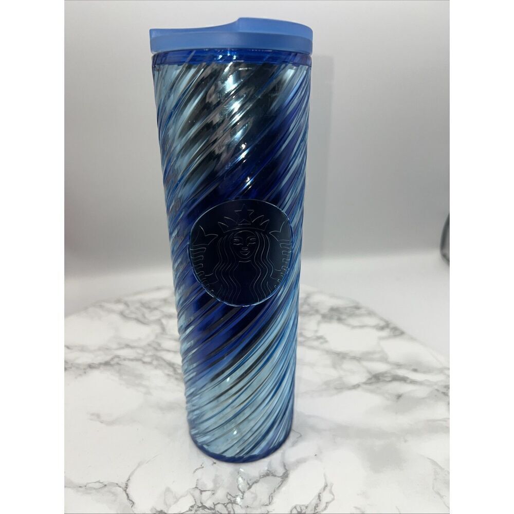 STARBUCKS Holiday 2023 Iridescent Icicle Ribbon Swirl Blue Sip Tumbler 16oz